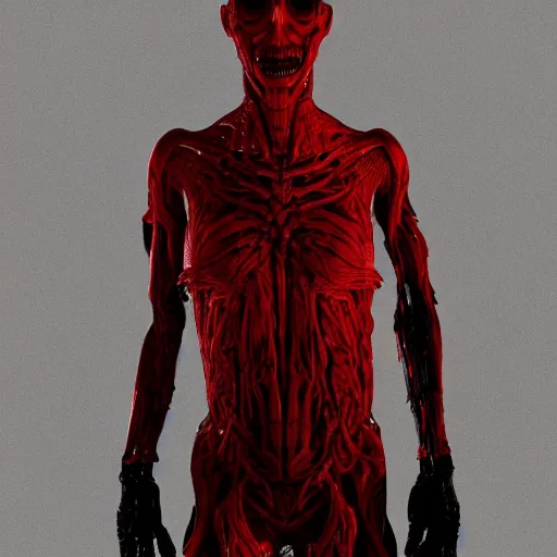 Image similar to octane render of a body horror humanoid, sharp dark shadows, black and red color palette by trevor henderson and junji ito