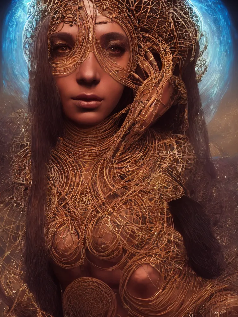 Image similar to a centered render of an alluring mystical tribal goddess adorned with cables and synthesizer parts is surrounded by sacred geometry, full body, gorgeous face, perfect face, powerful, cinematic, beautifully lit, by artgerm, by karol bak, 3 d, trending on artstation, octane render, 8 k