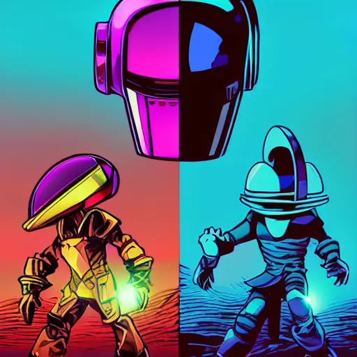 Image similar to shovel knight as daft punk, Aaron Campbell behance, synthwave background,4k, colorful, digital art