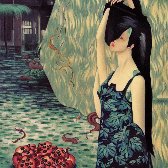 Image similar to tall female catgirl artist holding sheet music in her flooded apartment, pomegranates, octopus, water gushing from ceiling, painting of flood waters inside an artist's apartment, a river flooding indoors, mushrooms, ikebana, zen, rapids, waterfall, black swans, canoe, berries, acrylic on canvas, surrealist, by magritte and monet