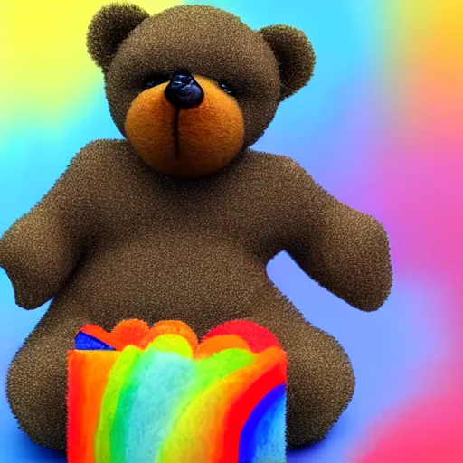 Image similar to teddy bear vomiting rainbow, photorealistic