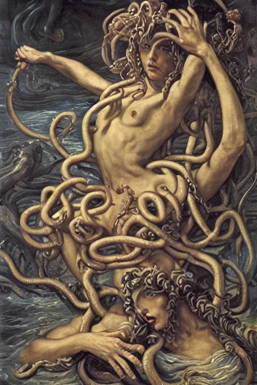 Image similar to Baroque painting of Medusa in a lake, inspired by Gustav Moreau and Wayne Barlowe, exquisite detail, hyper realism, ornate, exquisite detail, cute face