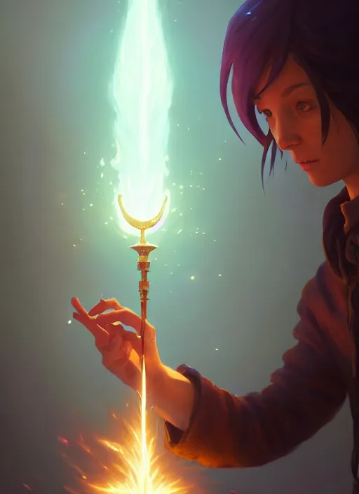 Image similar to highly detailed vfx portrait of a mage casting a light spell, unreal engine, greg rutkowski, loish, rhads, beeple, makoto shinkai and lois van baarle, ilya kuvshinov, rossdraws, tom bagshaw, alphonse mucha, global illumination, detailed and intricate environment