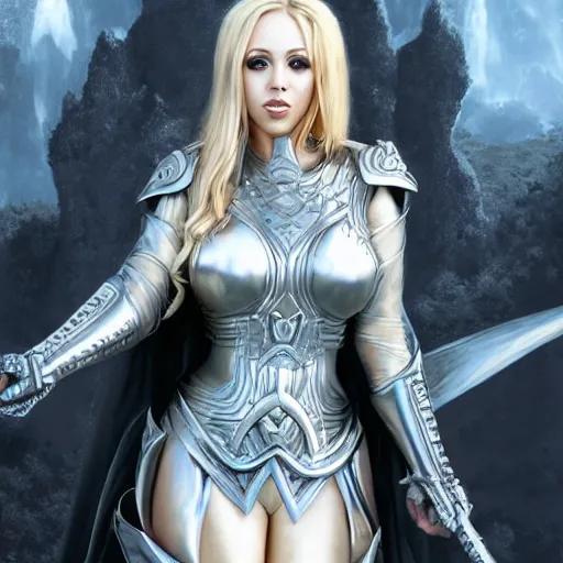 Image similar to kagney linn karter as a fantasy paladin woman, symmetrical portrait, holy glow, by Yoshitaka Amano, Ruan Jia, Kentaro Miura, Artgerm, 8k