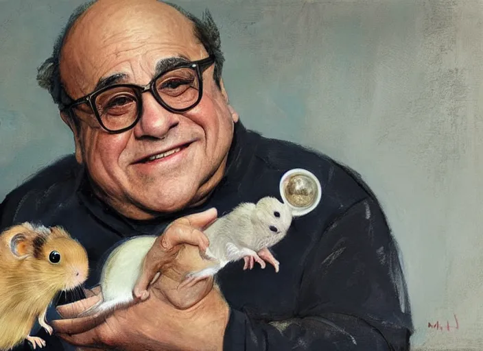 Prompt: a highly detailed beautiful portrait of danny devito with a hamster, by gregory manchess, james gurney, james jean