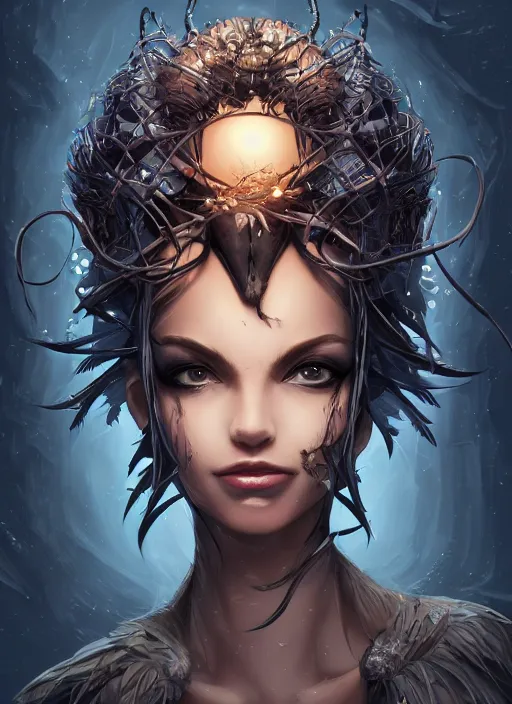 Image similar to beauty woman with a crows nest on her head, cruelty, black crows, light effect, hyper detailed, intricate, elegant, highly detailed, digital painting, rule 3 4, artstation, concept art, matte, sharp focus, illustration, by dan mumford, yusuke murata, makoto shinkai, ross tran