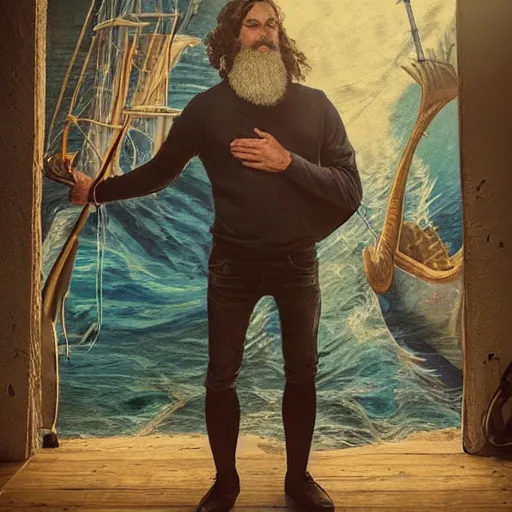 Image similar to a bearded king of the sea standing in his garage