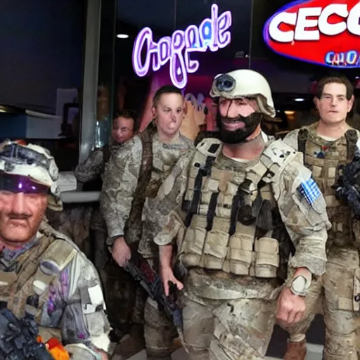 Image similar to Seal Team raiding a Chuck-E Cheese, realistic