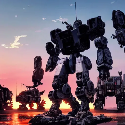 Image similar to A real photo of a giant mechwarrior robot and the sunset in the distance, by Josan Gonzalez, Yoji Shinkawa and Geof Darrow, highly detailed, Unreal Engine Render, 3D, 8k wallpaper