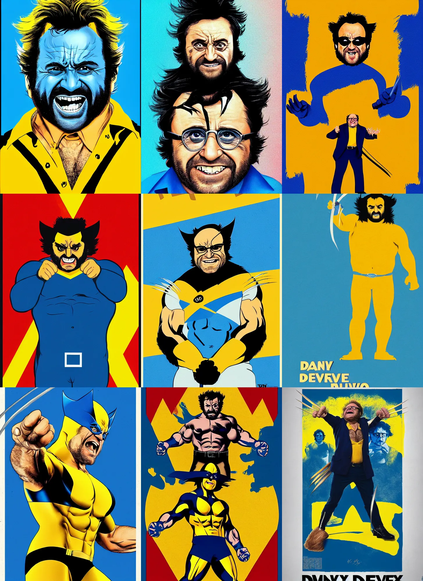 Prompt: danny devito as wolverine, 1 9 8 0 s movie poster, blue, maize, vibrant art, minimalist, trending on artstation