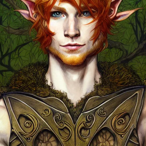 Image similar to portrait painting of an elven young man with short ginger hair and tree tattoos on his cheeks wearing fur armor, sharp focus, award - winning, trending on artstation, masterpiece, highly detailed, intricate. art by rebecca guay