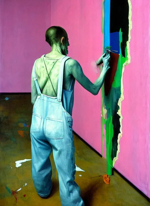 Image similar to a skinny, starving artist wearing overalls, painting the walls inside a deserted chernobyl sarcophagus, hauntingly surreal, highly detailed painting by francis bacon, edward hopper, adrian ghenie, gerhard richter, and james jean, soft light 4 k in pink, green and blue colour palette