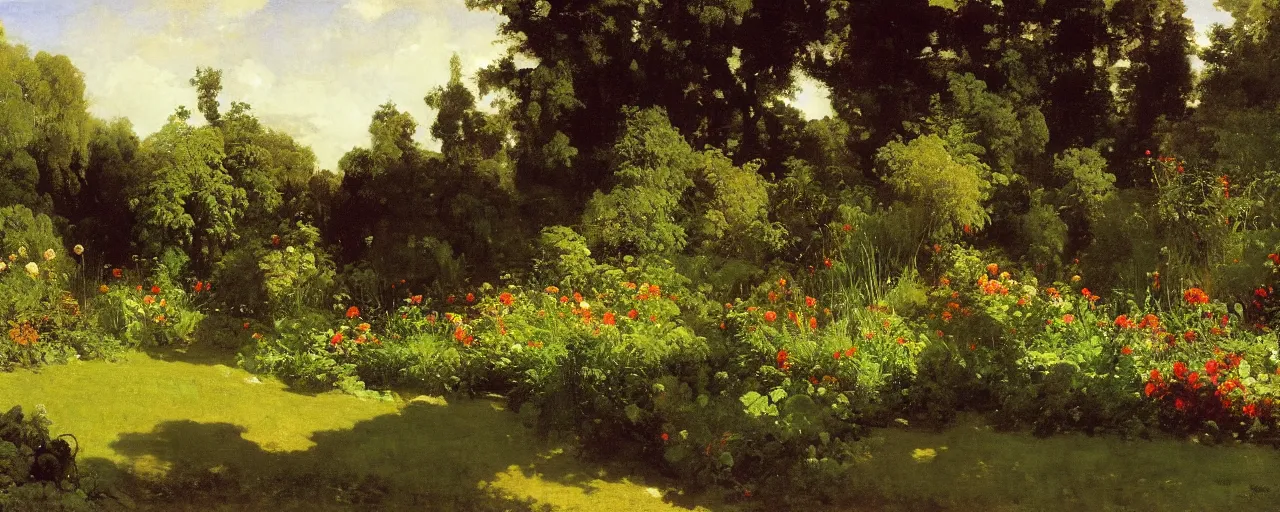 Image similar to illustrated background of a garden by eugene von guerard, ivan shishkin, winslow homer, john singer sargent, 4 k