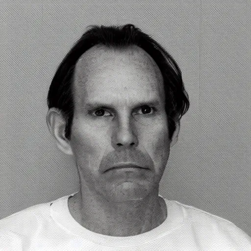 Prompt: A mugshot portrait of a middle aged older man who looks like Jerma985 with a receding hairline and short mid-length wavy hair, wearing mid-1980s menswear in the late 2008, taken in the late 1980s, grainy, realistic, hyperrealistic, very realistic, highly detailed, very detailed, extremely detailed, detailed, trending on artstation, front facing, front view, headshot and bodyshot, detailed face, very detailed face