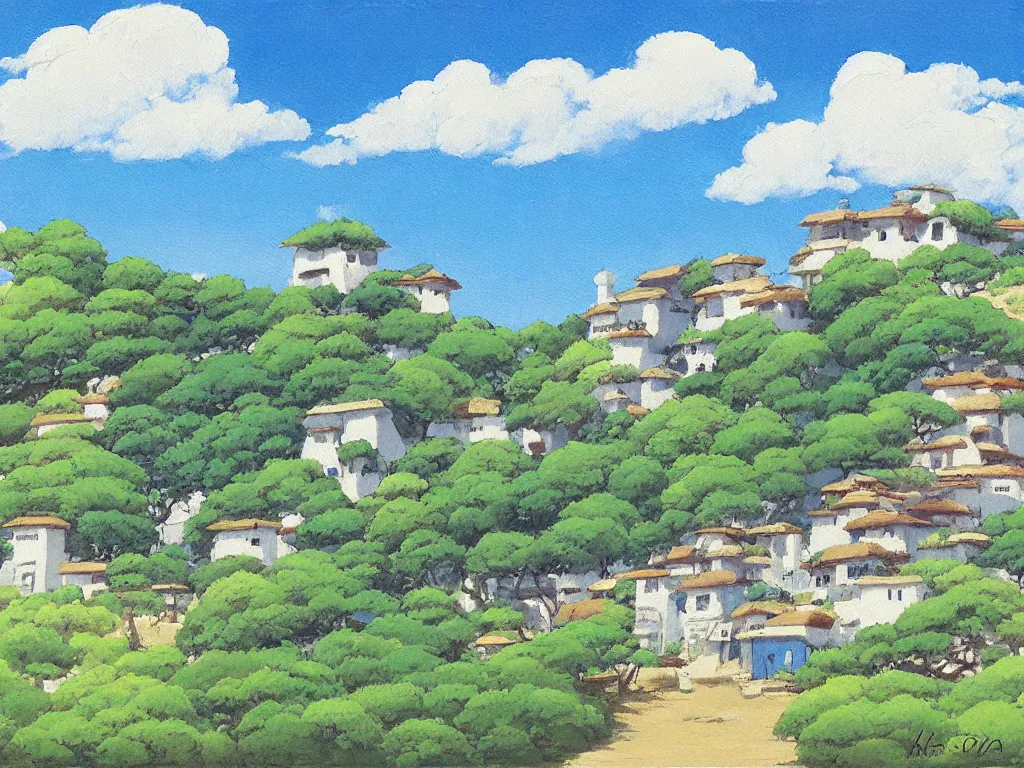 Image similar to studio ghibli painting, kazuo oga, a lone stucco house by the beach, blue sky with few clouds,