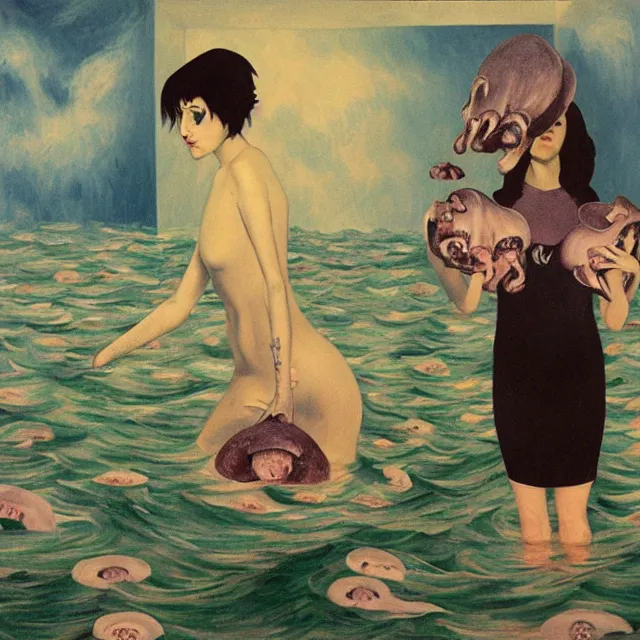 Prompt: tall female emo artist holding a pig's head in her flooded apartment, mushrooms, octopus, water gushing from ceiling, painting of flood waters inside an artist's apartment, a river flooding indoors, pomegranates, ikebana, zen, rapids, waterfall, black swans, canoe, berries, acrylic on canvas, surrealist, by magritte and monet