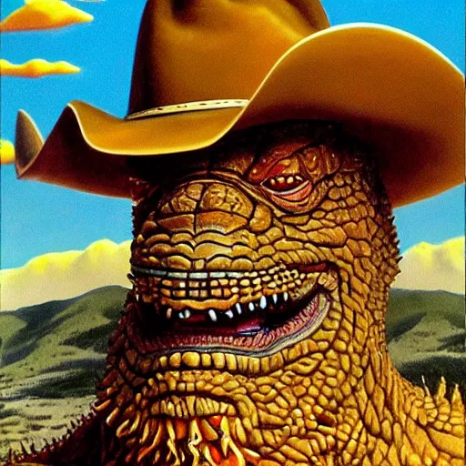 Image similar to beautiful lifelike painting of godzilla wearing a cowboy hat, hyperreal detailed facial features and uv lighting, art by ed roth and basil wolverton