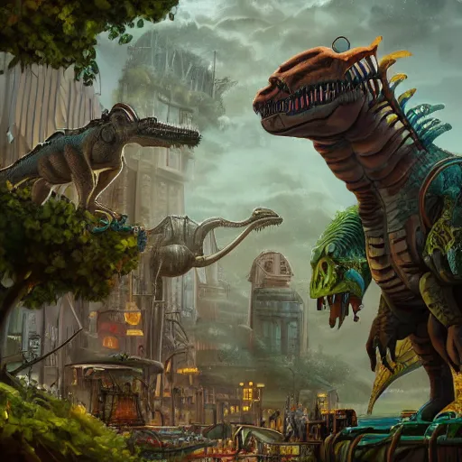 Image similar to a steampunk city where humans and dinosaurs coexist, lot of vegetation, trees, steampunk vehicles, t - rex, raptor, trending on artstation