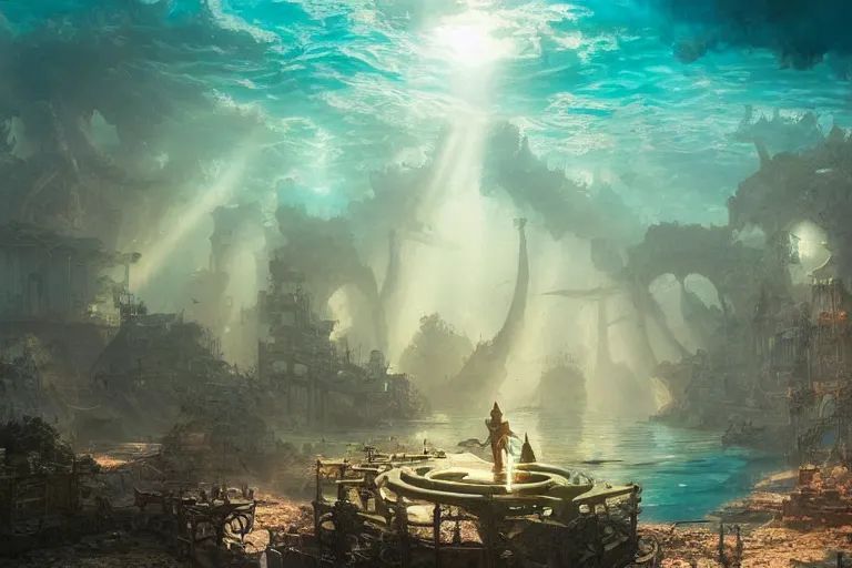 Image similar to a scenic landscaping view of the lost and abandoned city of Atlantic under water, ray of sunlight, mermaids in distance, Greg Rutkowski, Moebius, Mohrbacher, Mucha, blue and gold color scheme, ultra wide angle, ultra detailed, light effect