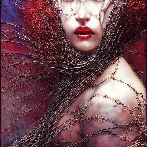 Image similar to uhd photorealistic chained justice, by ayami kojima, yoshitaka amano, esao andrews, karol bak, mark brooks, tonalism, rich deep colors. beksinski painting, art by adrian ghenie and gerhard richter. art by takato yamamoto. masterpiece