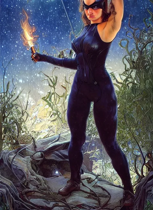 Image similar to epic muscled Mila Kunis as Catwoman walking out of a deep dark cave, puffy warm wooly clothing,stormy snowy winter, blue fireflies, nebula background, torches, fantasy, intricate, elegant, highly detailed, tasteful art by artgerm and donato giancola and alphonse mucha, WLOP