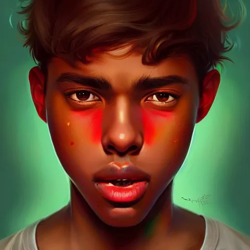 Prompt: colorful and festive captivating teenager with straight short brown hair covering his eye, dark skin, big lips, big eyes, wearing a red t - shirt. rich vivid colors, ambient lighting, dynamic lighting, 4 k, atmospheric lighting, painted, intricate, highly detailed by charlie bowater