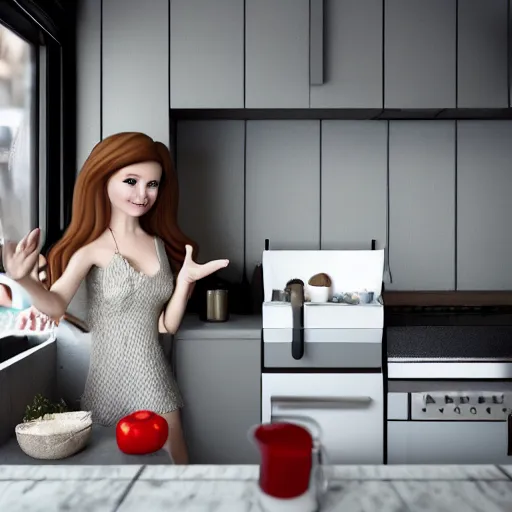 Image similar to Eva Elfie is waiting for her boyfriend for a morning omelet. Realistic render