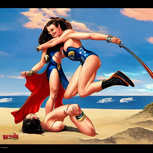 Image similar to padme and wonder woman wrestling at the beach, 8k photo, joe Jusko, artstation, Frank Frazetta