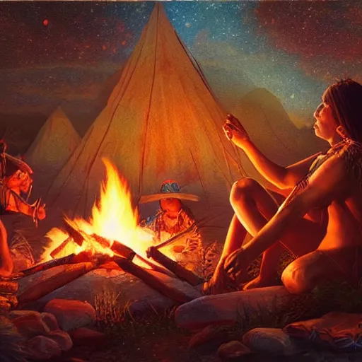 Image similar to native american indian by campfire, cosmic sky, extremely detailed, artstation, 8 k, sensual lighting, incredible art, wlop, artgerm