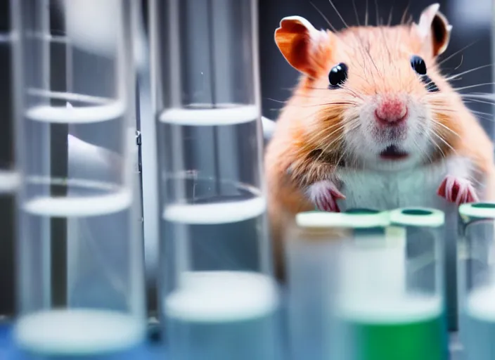 Image similar to film still of a hamster working in a research lab filling test tubes, 8 k