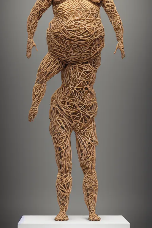 Image similar to human geometric biological structure made of skin and hair standing on two legs on a plinth, overweight, obese, intricate, elegant, highly detailed, hyper - realist sculpture by john isaac