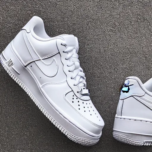 Prompt: a pair of White Nike Air Force One Sneakers