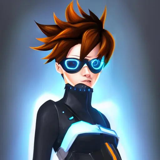 Image similar to digital portrait painting of tracer overwatch, full body, wearing spiked collar, black outfit, detailed face, detailed eyes,