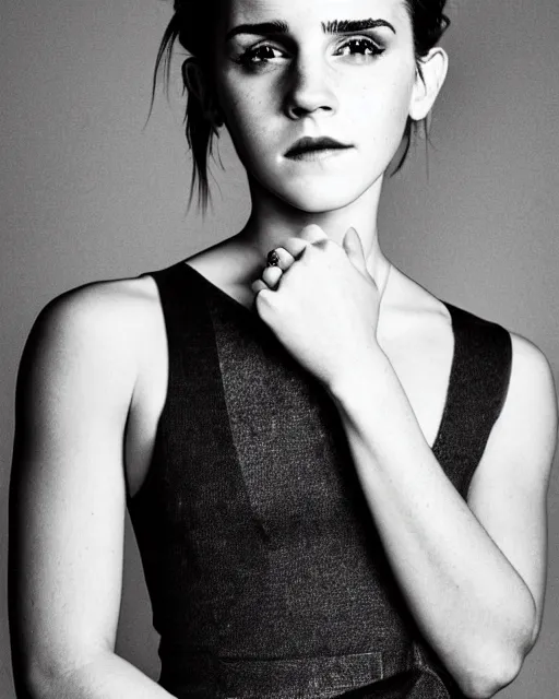 Image similar to A photo of tough looking emma watson. she has wedding rings on his fingers. 50 mm. perfect ring.