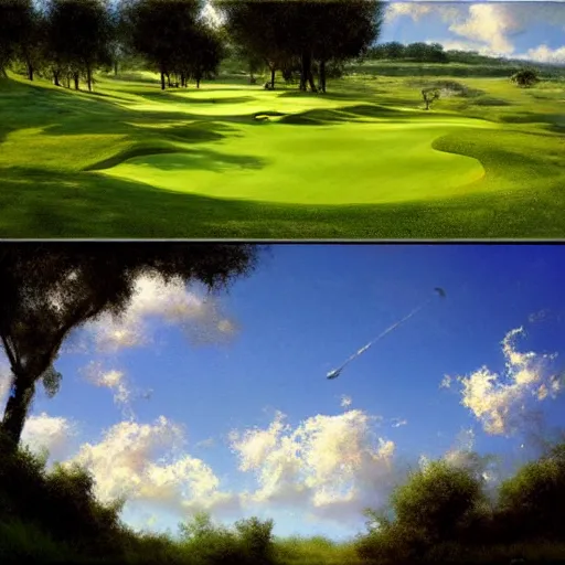 Image similar to beautiful lush golf course, big fluffy clouds, landscape, nature, craig mullins