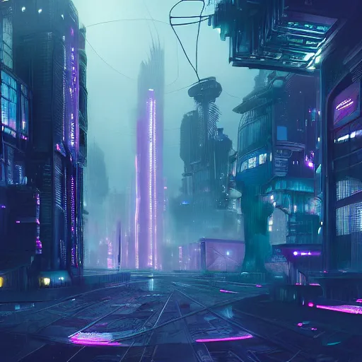 Image similar to ghostpunk futuristic city view by eddie mendoza and greg rutkowsi, purple glow, rain, foggy, dark, moody, volumetric lighting, abandoned, 8 k