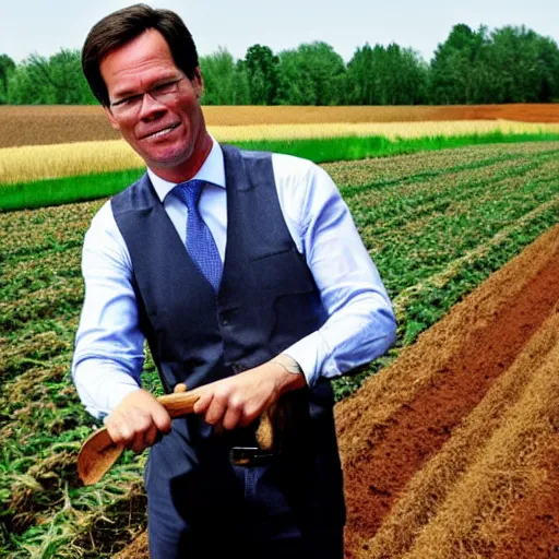 Prompt: Mark Rutte as farmer holding a pitchfork