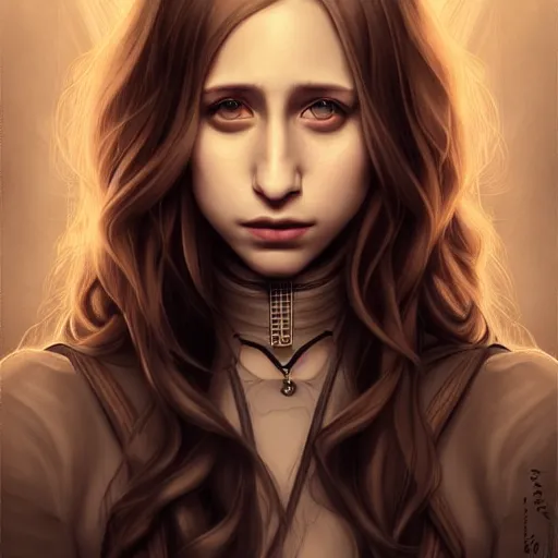 Image similar to in the style of halim ghodbane, artgerm, beautiful taissa farmiga, elegant pose, middle shot waist up, steampunk full color range, symmetrical face symmetrical eyes, cinematic lighting, detailed realistic eyes, short neck, insanely detailed and intricate elegant