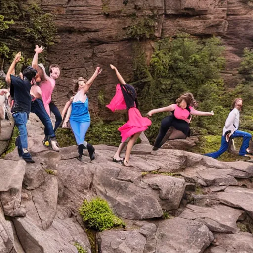 Prompt: group of people dancing and falling down a cliff