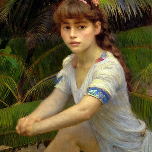 Image similar to a ultradetailed beautiful painting of a girl in the amazonas palace designed by jules bastien - lepage, hans belmer, frank weston and gustave baumann, beach, trending on artstation, mediterranean, palm trees, refracted color sparkles, sharp focus, soft light, 8 k 4 k