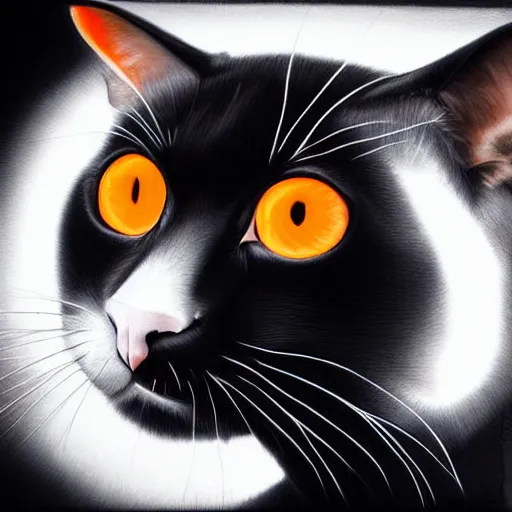 Image similar to an Hyper realistic artwork of a black cat with orange eyes looking at the white moon by Jason de Graaf
