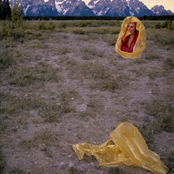 Prompt: a color photograph, closeup portrait of a woman wrapped in plastic, in grand teton national park in wyoming, color photograph, by vincent desiderio, canon eos c 3 0 0, ƒ 1. 8, 3 5 mm, 8 k, medium - format print