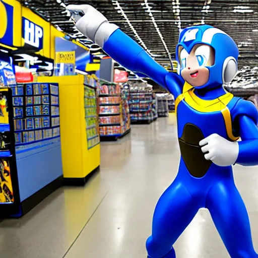 Prompt: uhd photorealisitc candid photo of mega - man at best buy, smashing electronics. correct costume. correct face, accurate face. photo by annie leibowitz and steve mccurry