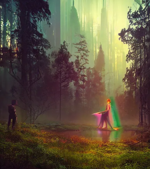 Image similar to daydreaming of the maiden with fuidity transparent dress in the blockchain cyberpunk forest by maciej kuciara, majestic light, octane render, beauty fog, ethereal glare of the sun, raining rainbow, volumetric lighting, hyperealistic, epic, masterpiece