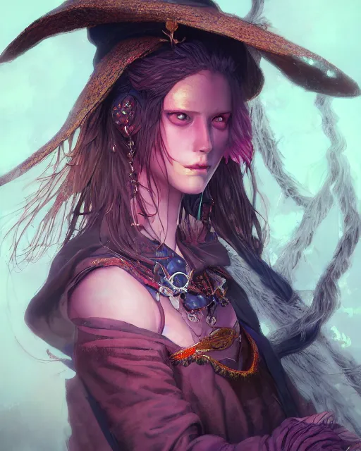 Image similar to portrait of a village witch, beautiful, fantasy, colorful, cinematic lighting, artstation, trending, highly detailed, focus, smooth, by hirohiko araki and yoshitaka amano