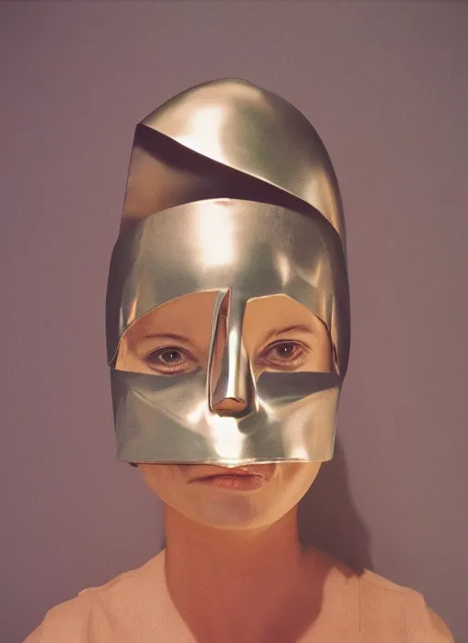 Image similar to a fashion portrait photograph of a woman wearing a metal mask designed by james turrell, 3 5 mm, color film camera,