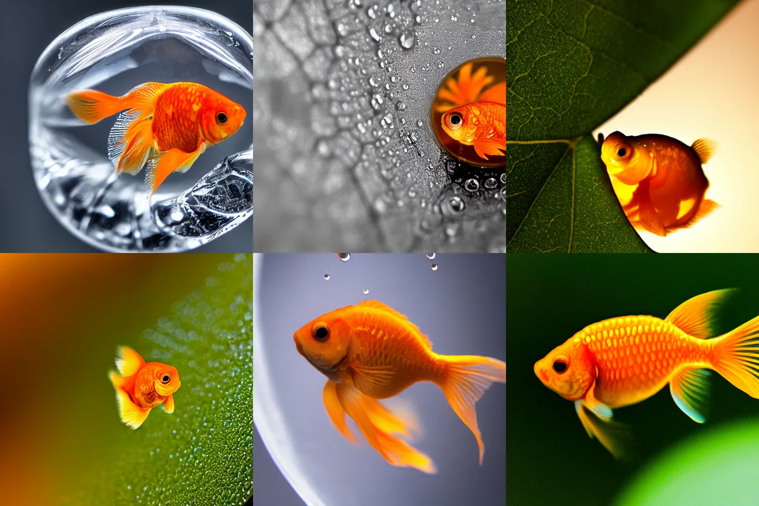 Prompt: extreme macro photography : ( subject = goldfish encased inside a water droplet + subject detail = water droplet on a leaf ), zeiss macro lens f / 1 1 aperture