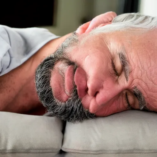 Prompt: dad with grey beard sleeping on the couch