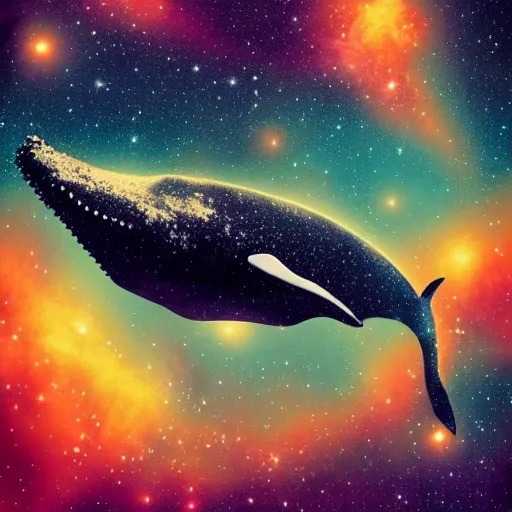 Image similar to portrait of whale swimming on a night sky, swimming across the universe, nebulae, galaxies, oniric, dreamy, beautiful, highly detailed, cinematic, trending on artstation