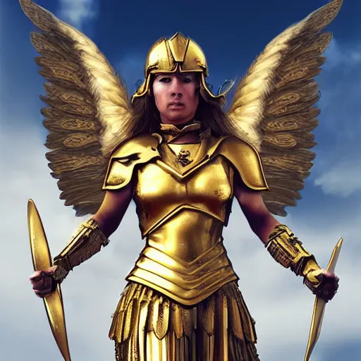 Image similar to a valkyrie warrior with angel wings flying with golden armor in front of a sky background, digital art, highly detailed, photorealism, hyperrealistic